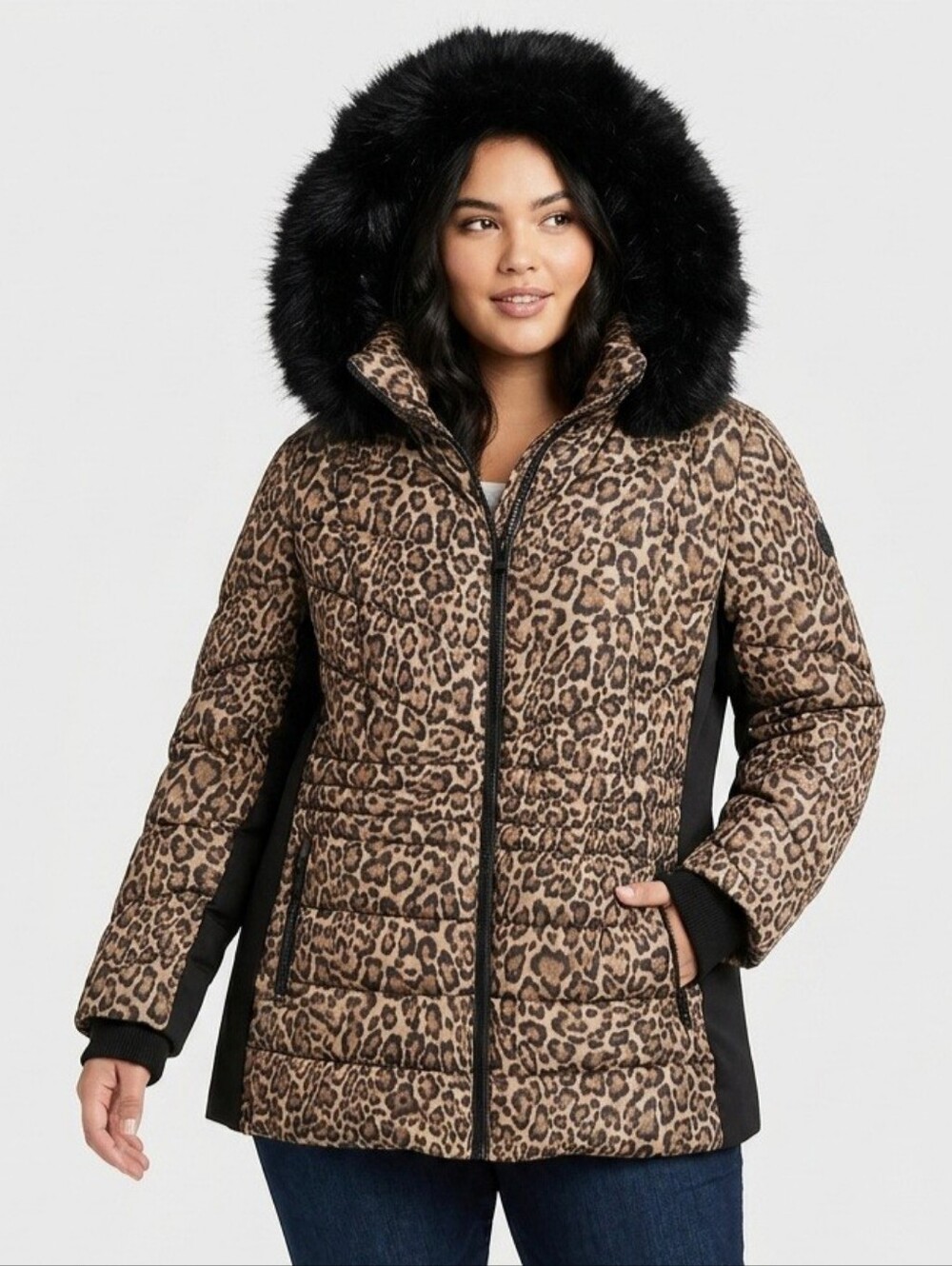 182. NWOT Michael Kors Leopard-Print Puffer Jacket with Black Faux-Fur Hood